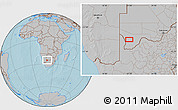 Gray Location Map of the area around 25° 31' 56" S, 21° 19' 30" E, hill shading