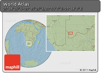 Savanna Style Location Map of the Area around 25° 31' 56" S, 21° 19' 30" E, hill shading