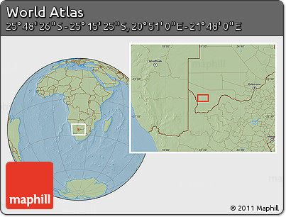 Savanna Style Location Map of the Area around 25° 31' 56" S, 21° 19' 30" E, hill shading