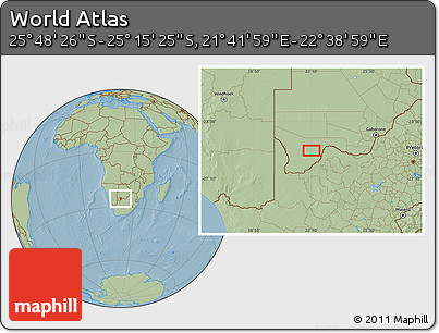 Savanna Style Location Map of the Area around 25° 31' 56" S, 22° 10' 29" E, hill shading