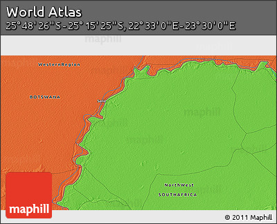 Political 3D Map of the Area around 25° 31' 56" S, 23° 1' 29" E