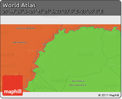 Political 3D Map of the Area around 25° 31' 56" S, 23° 1' 29" E