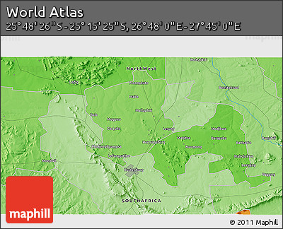Political 3D Map of the Area around 25° 31' 56" S, 27° 16' 29" E