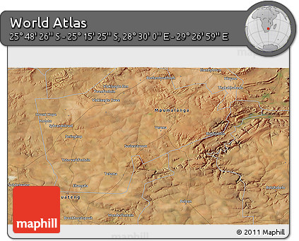 Satellite 3D Map of the Area around 25° 31' 56" S, 28° 58' 30" E