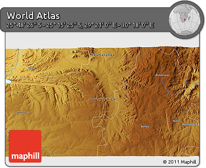 Physical 3D Map of the Area around 25° 31' 56" S, 29° 49' 30" E