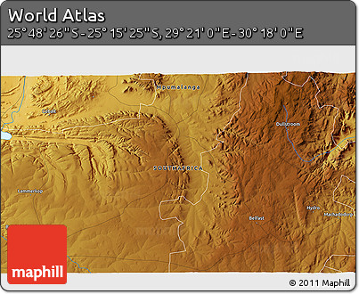 Physical 3D Map of the Area around 25° 31' 56" S, 29° 49' 30" E