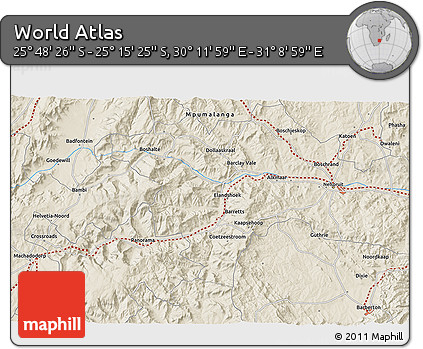 Shaded Relief 3D Map of the Area around 25° 31' 56" S, 30° 40' 29" E