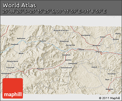 Shaded Relief 3D Map of the Area around 25° 31' 56" S, 30° 40' 29" E