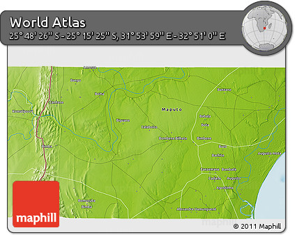 Physical 3D Map of the Area around 25° 31' 56" S, 32° 22' 30" E