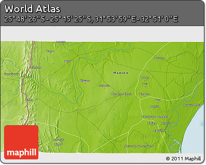 Physical 3D Map of the Area around 25° 31' 56" S, 32° 22' 30" E