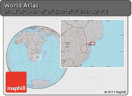 Gray Location Map of the Area around 25° 31' 56" S, 33° 13' 30" E