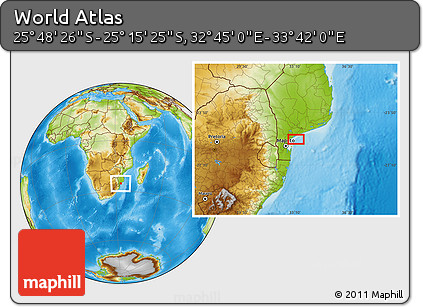 Physical Location Map of the Area around 25° 31' 56" S, 33° 13' 30" E