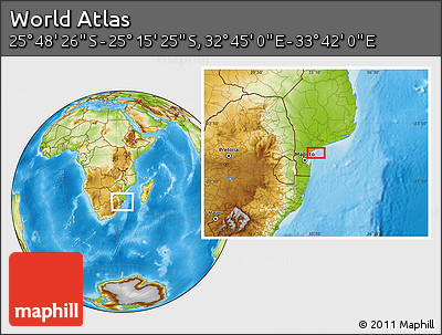Physical Location Map of the Area around 25° 31' 56" S, 33° 13' 30" E