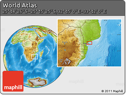 Physical Location Map of the Area around 25° 31' 56" S, 33° 13' 30" E