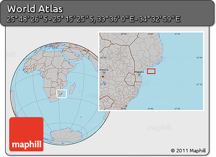 Gray Location Map of the Area around 25° 31' 56" S, 34° 4' 30" E