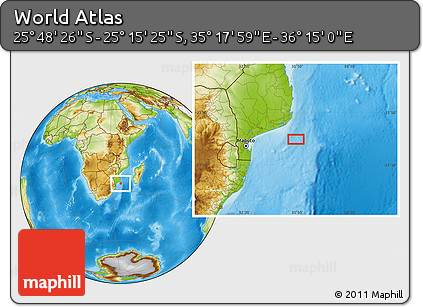Physical Location Map of the Area around 25° 31' 56" S, 35° 46' 29" E