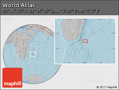 Gray Location Map of the Area around 25° 31' 56" S, 48° 31' 29" E, hill shading