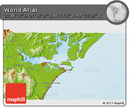 Physical 3D Map of the Area around 25° 31' 56" S, 48° 22' 30" W