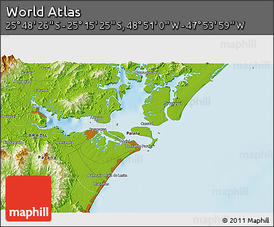 Physical 3D Map of the Area around 25° 31' 56" S, 48° 22' 30" W