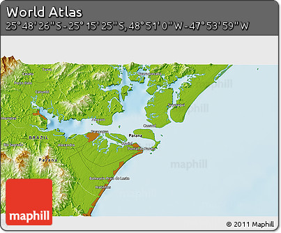 Physical 3D Map of the Area around 25° 31' 56" S, 48° 22' 30" W