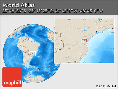 Shaded Relief Location Map of the Area around 25° 31' 56" S, 49° 13' 30" W
