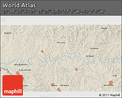 Shaded Relief 3D Map of the Area around 25° 31' 56" S, 53° 28' 30" W