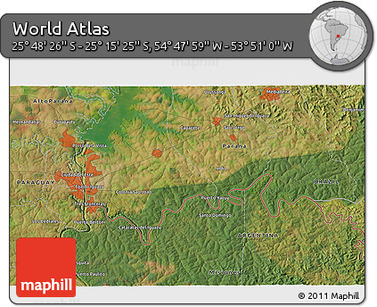 Satellite 3D Map of the Area around 25° 31' 56" S, 54° 19' 30" W