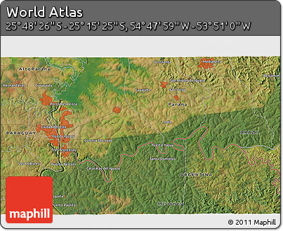 Satellite 3D Map of the Area around 25° 31' 56" S, 54° 19' 30" W