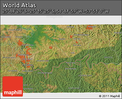 Satellite 3D Map of the Area around 25° 31' 56" S, 54° 19' 30" W