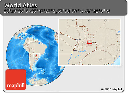 Shaded Relief Location Map of the Area around 25° 31' 56" S, 55° 10' 29" W