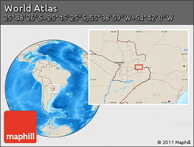 Shaded Relief Location Map of the Area around 25° 31' 56" S, 55° 10' 29" W