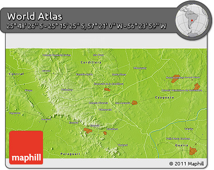 Physical 3D Map of the Area around 25° 31' 56" S, 56° 52' 30" W