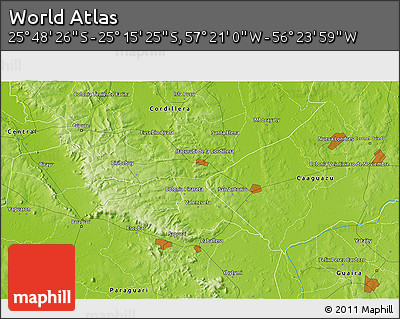 Physical 3D Map of the Area around 25° 31' 56" S, 56° 52' 30" W