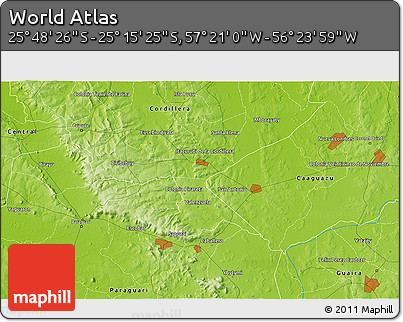 Physical 3D Map of the Area around 25° 31' 56" S, 56° 52' 30" W