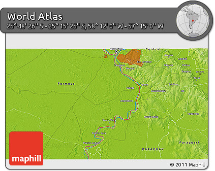 Physical 3D Map of the Area around 25° 31' 56" S, 57° 43' 30" W