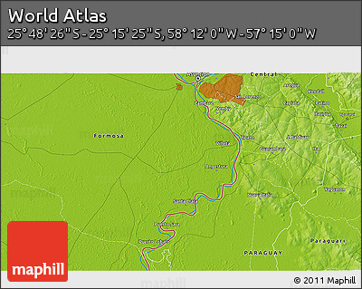 Physical 3D Map of the Area around 25° 31' 56" S, 57° 43' 30" W