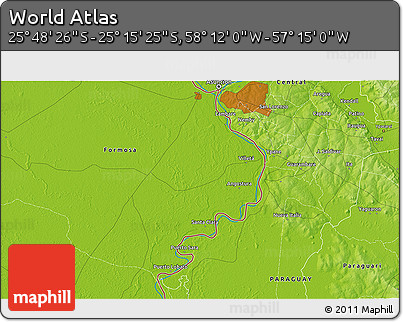 Physical 3D Map of the Area around 25° 31' 56" S, 57° 43' 30" W