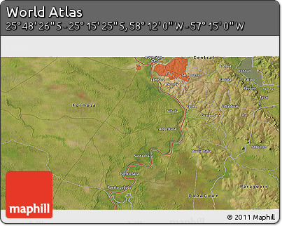Satellite 3D Map of the Area around 25° 31' 56" S, 57° 43' 30" W