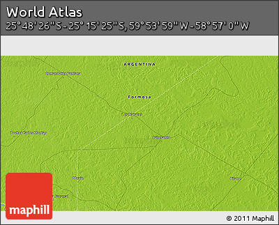 Physical 3D Map of the Area around 25° 31' 56" S, 59° 25' 29" W
