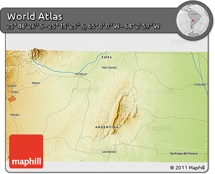 Physical 3D Map of the Area around 25° 31' 56" S, 64° 31' 30" W