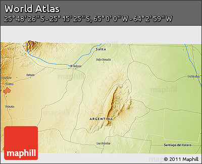 Physical 3D Map of the Area around 25° 31' 56" S, 64° 31' 30" W