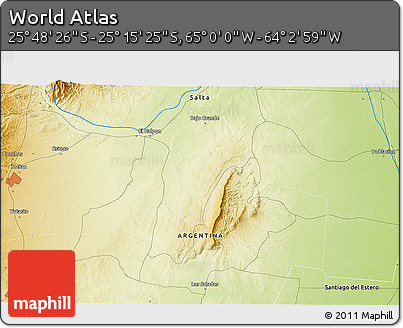Physical 3D Map of the Area around 25° 31' 56" S, 64° 31' 30" W