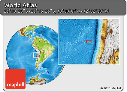 Physical Location Map of the Area around 25° 31' 56" S, 73° 1' 30" W