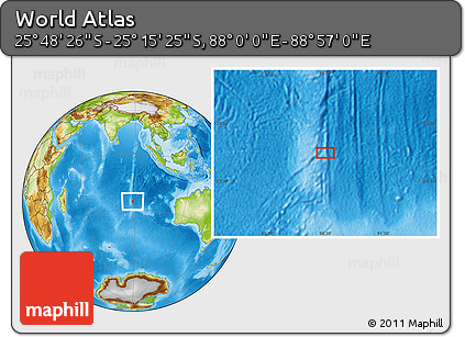 Physical Location Map of the Area around 25° 31' 56" S, 88° 28' 29" E