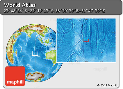 Physical Location Map of the Area around 25° 31' 56" S, 89° 19' 29" E