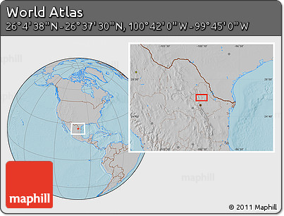 Gray Location Map of the Area around 26° 21' 4" N, 100° 13' 29" W, hill shading