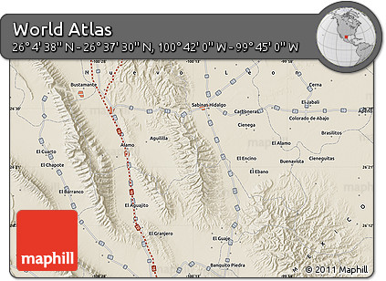 Shaded Relief Map of the Area around 26° 21' 4" N, 100° 13' 29" W