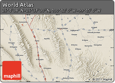 Shaded Relief Map of the Area around 26° 21' 4" N, 100° 13' 29" W