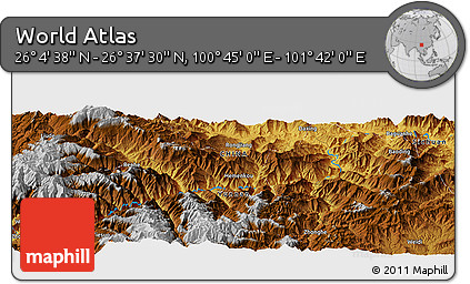 Physical Panoramic Map of the Area around 26° 21' 4" N, 101° 13' 29" E