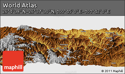 Physical Panoramic Map of the Area around 26° 21' 4" N, 101° 13' 29" E